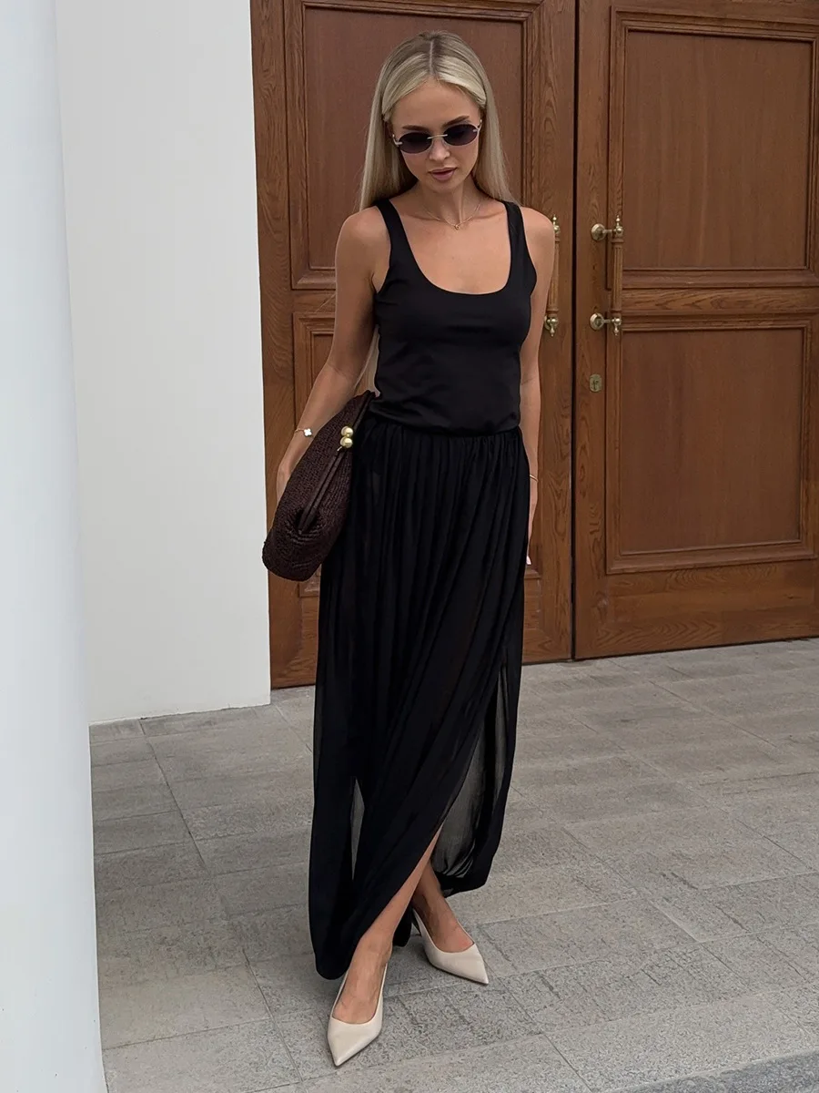 Bornladies Women's Spring Summer New Elegant Street Style Skirt Fashion Loose Ruched Draped Split Maxi Skirt