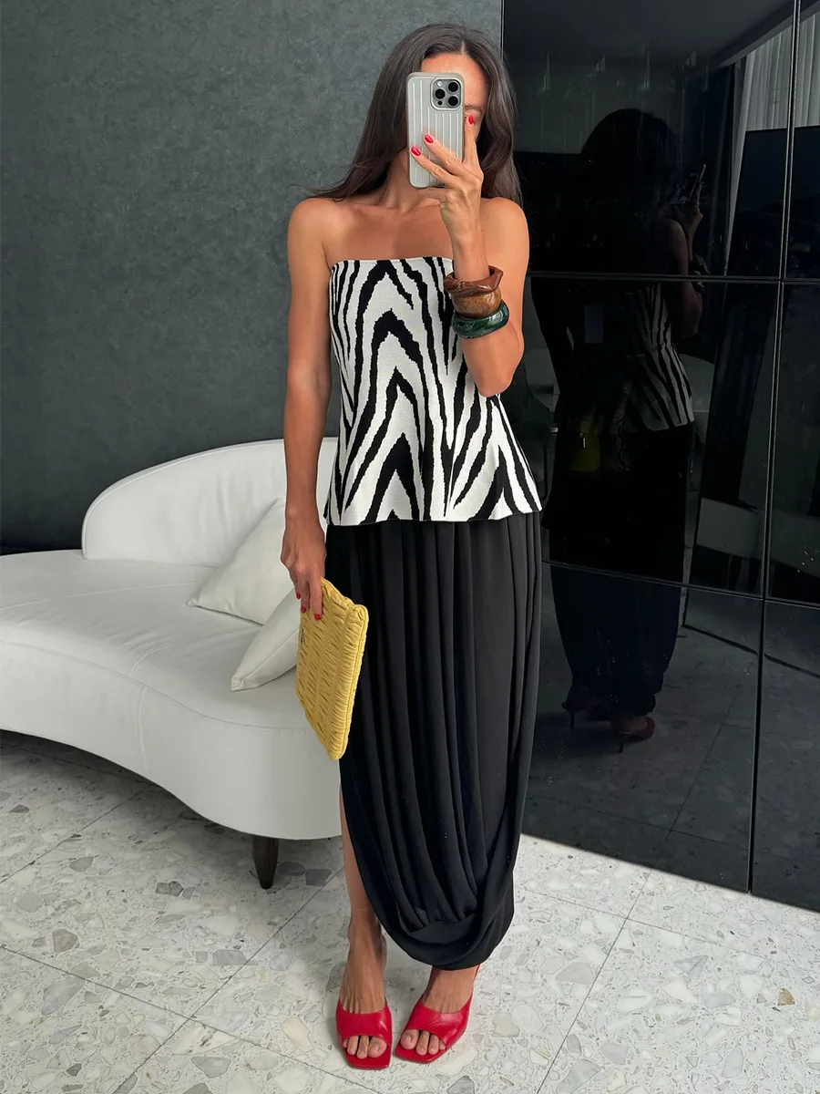 Bornladies Women's Spring Summer New Elegant Street Style Skirt Fashion Loose Ruched Draped Split Maxi Skirt