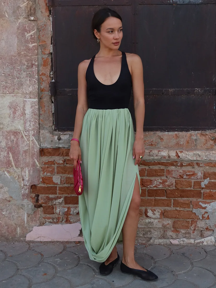 Bornladies Women's Spring Summer New Elegant Street Style Skirt Fashion Loose Ruched Draped Split Maxi Skirt