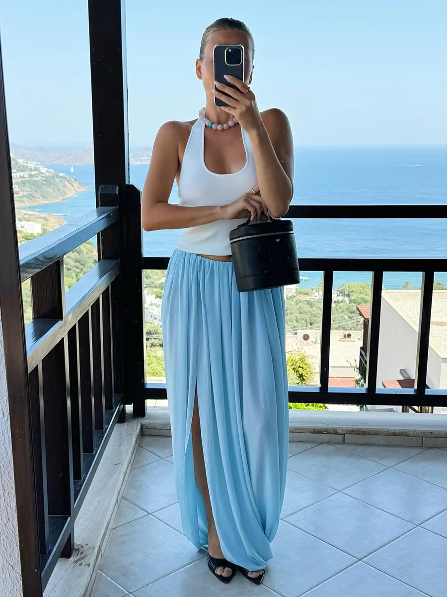 Bornladies Women's Spring Summer New Elegant Street Style Skirt Fashion Loose Ruched Draped Split Maxi Skirt