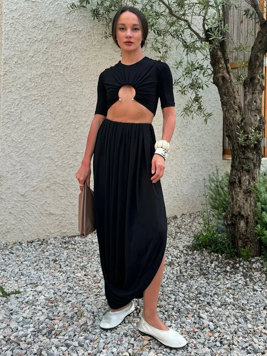 Bornladies Women's Spring Summer New Elegant Street Style Skirt Fashion Loose Ruched Draped Split Maxi Skirt
