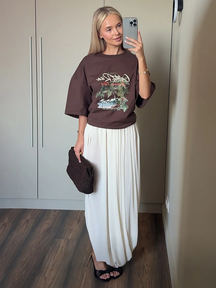 Bornladies Women's Spring Summer New Elegant Street Style Skirt Fashion Loose Ruched Draped Split Maxi Skirt