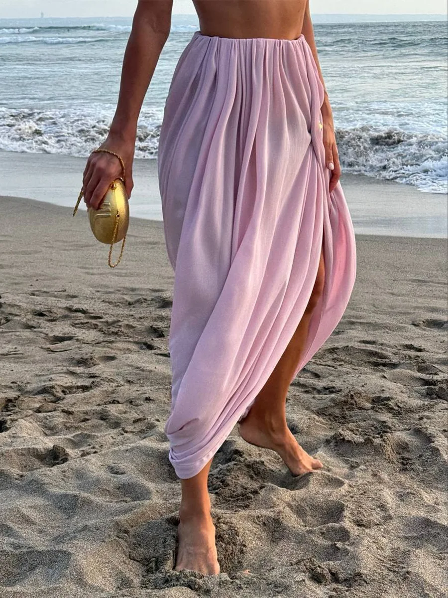 Bornladies Women's Spring Summer New Elegant Street Style Skirt Fashion Loose Ruched Draped Split Maxi Skirt