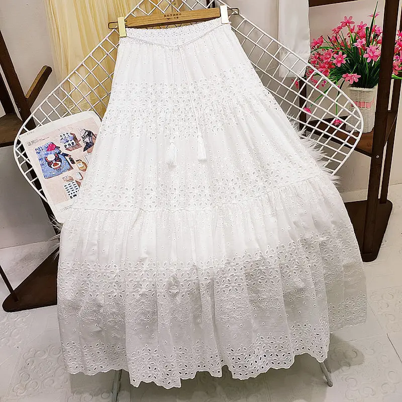 Spring Summer Lace Casual Skirt Women's High Waist Splicing Hooks Casual Solid Loose Holiday Party Skirts Women Clothes
