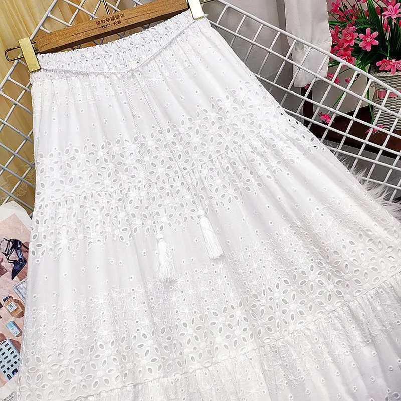 Spring Summer Lace Casual Skirt Women's High Waist Splicing Hooks Casual Solid Loose Holiday Party Skirts Women Clothes