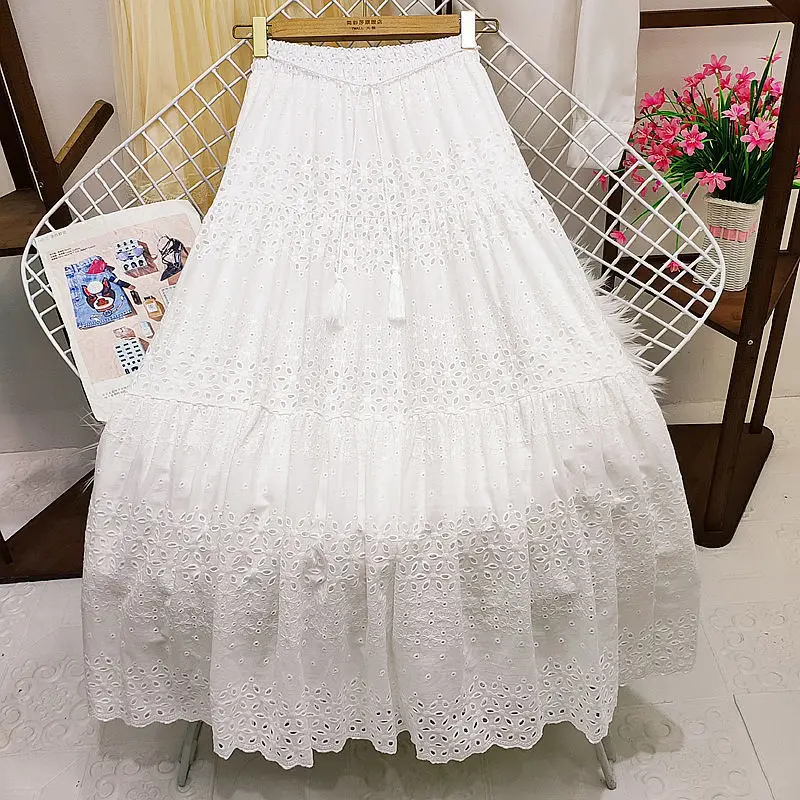 Spring Summer Lace Casual Skirt Women's High Waist Splicing Hooks Casual Solid Loose Holiday Party Skirts Women Clothes