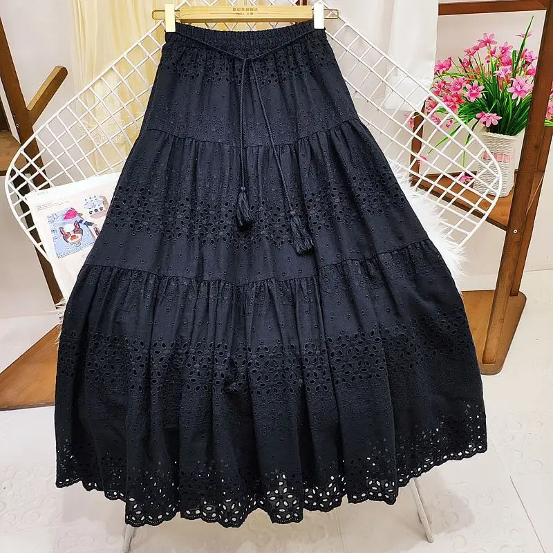 Spring Summer Lace Casual Skirt Women's High Waist Splicing Hooks Casual Solid Loose Holiday Party Skirts Women Clothes