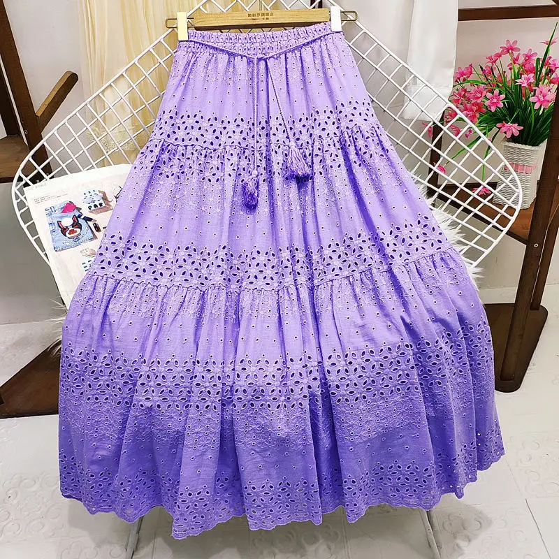 Spring Summer Lace Casual Skirt Women's High Waist Splicing Hooks Casual Solid Loose Holiday Party Skirts Women Clothes