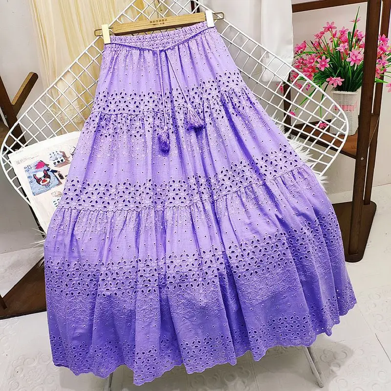 Spring Summer Lace Casual Skirt Women's High Waist Splicing Hooks Casual Solid Loose Holiday Party Skirts Women Clothes
