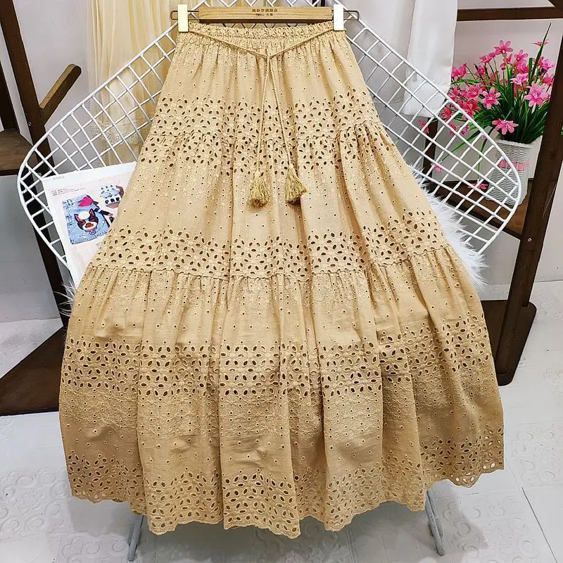 Spring Summer Lace Casual Skirt Women's High Waist Splicing Hooks Casual Solid Loose Holiday Party Skirts Women Clothes