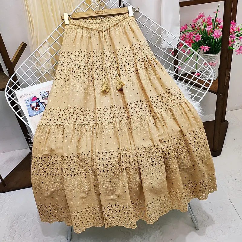 Spring Summer Lace Casual Skirt Women's High Waist Splicing Hooks Casual Solid Loose Holiday Party Skirts Women Clothes