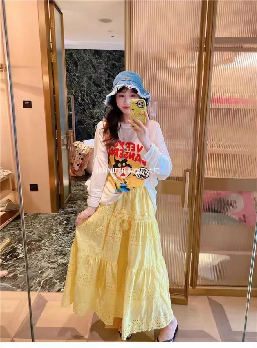 Spring Summer Lace Casual Skirt Women's High Waist Splicing Hooks Casual Solid Loose Holiday Party Skirts Women Clothes