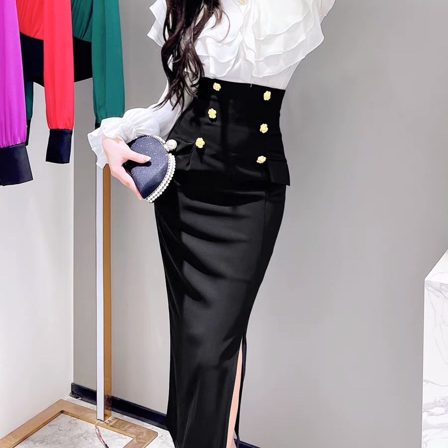 Elegant Satin Black Trumpet Skirts Female Autumn Fashion Slim High Waist Skirts Women 2024 Solid Office Long Skirt Summer C47