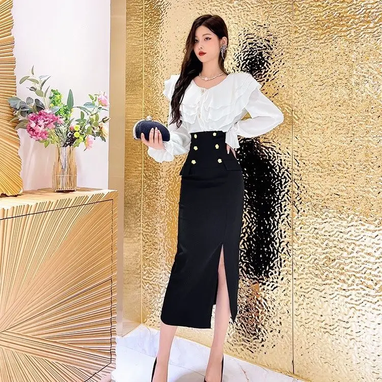 Elegant Satin Black Trumpet Skirts Female Autumn Fashion Slim High Waist Skirts Women 2024 Solid Office Long Skirt Summer C47