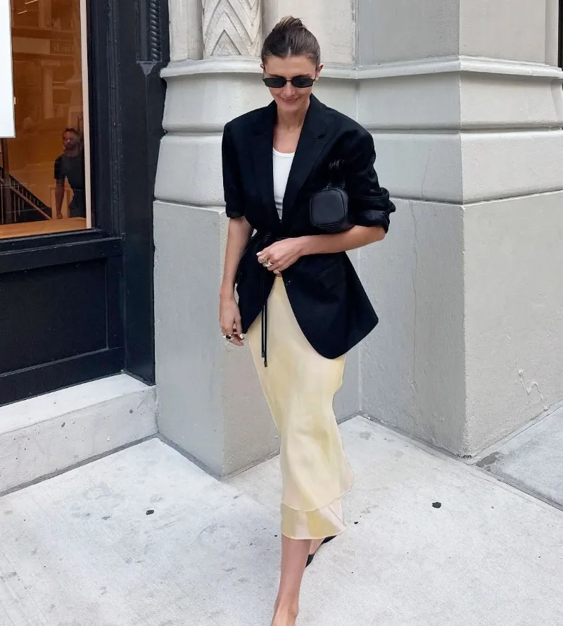 Trendix Gold Satin Midi Skirt For Women Street High Waist Patchwork Mesh Long Skirt Femme 2025 Winter Party Club Sexy Slim Skirt