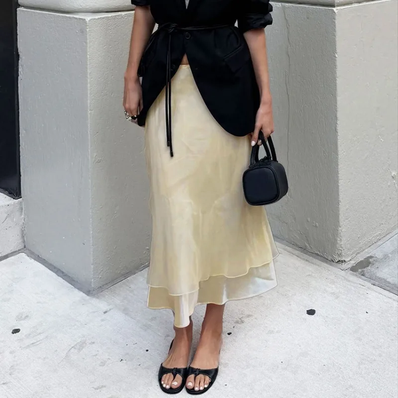 Trendix Gold Satin Midi Skirt For Women Street High Waist Patchwork Mesh Long Skirt Femme 2025 Winter Party Club Sexy Slim Skirt