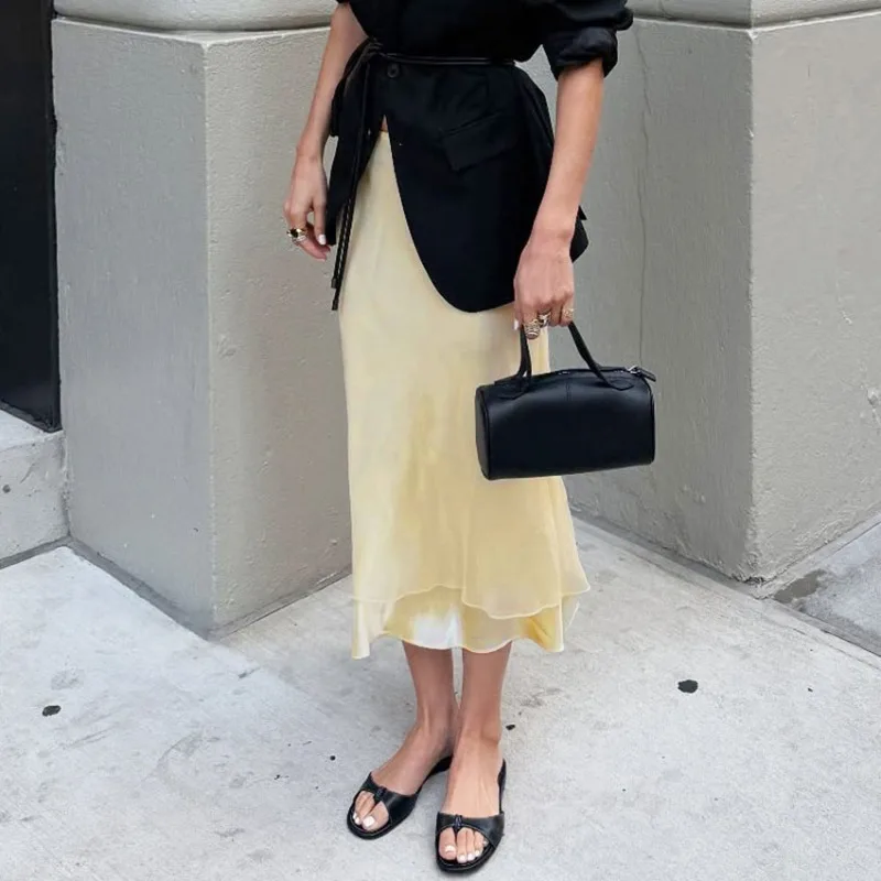 Trendix Gold Satin Midi Skirt For Women Street High Waist Patchwork Mesh Long Skirt Femme 2025 Winter Party Club Sexy Slim Skirt