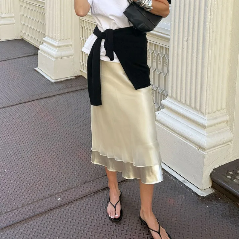 Trendix Gold Satin Midi Skirt For Women Street High Waist Patchwork Mesh Long Skirt Femme 2025 Winter Party Club Sexy Slim Skirt