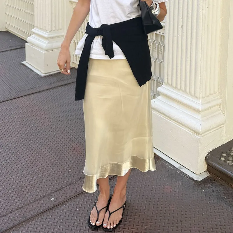 Trendix Gold Satin Midi Skirt For Women Street High Waist Patchwork Mesh Long Skirt Femme 2025 Winter Party Club Sexy Slim Skirt