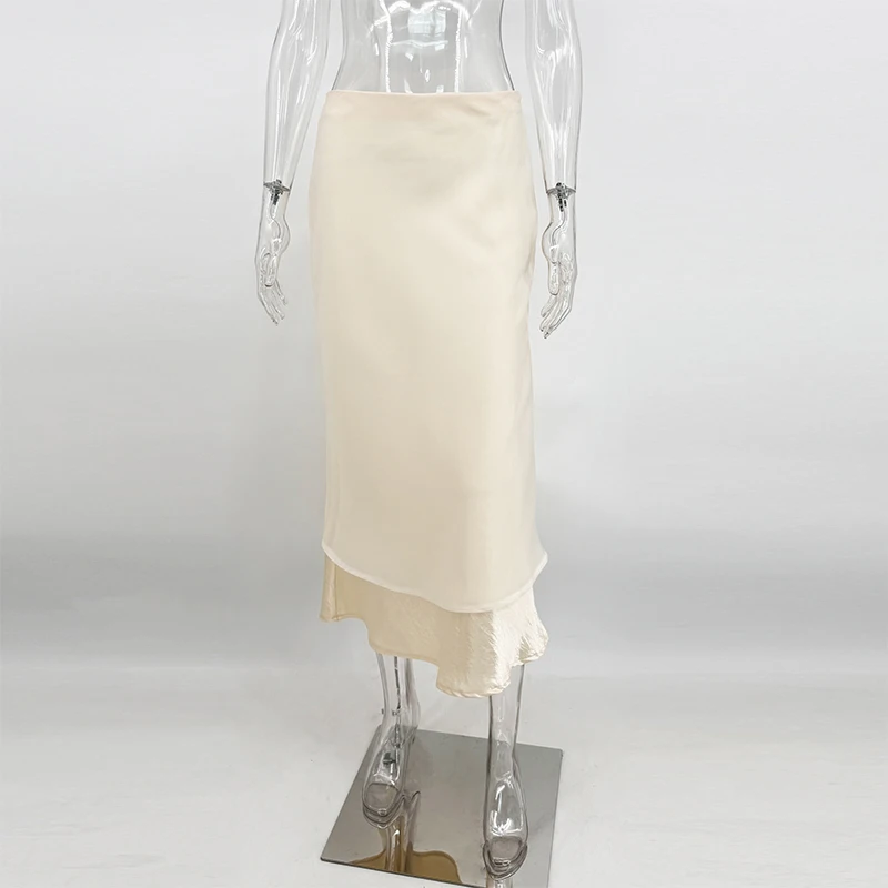 Trendix Gold Satin Midi Skirt For Women Street High Waist Patchwork Mesh Long Skirt Femme 2025 Winter Party Club Sexy Slim Skirt
