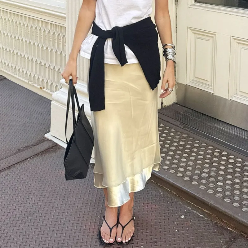Trendix Gold Satin Midi Skirt For Women Street High Waist Patchwork Mesh Long Skirt Femme 2025 Winter Party Club Sexy Slim Skirt