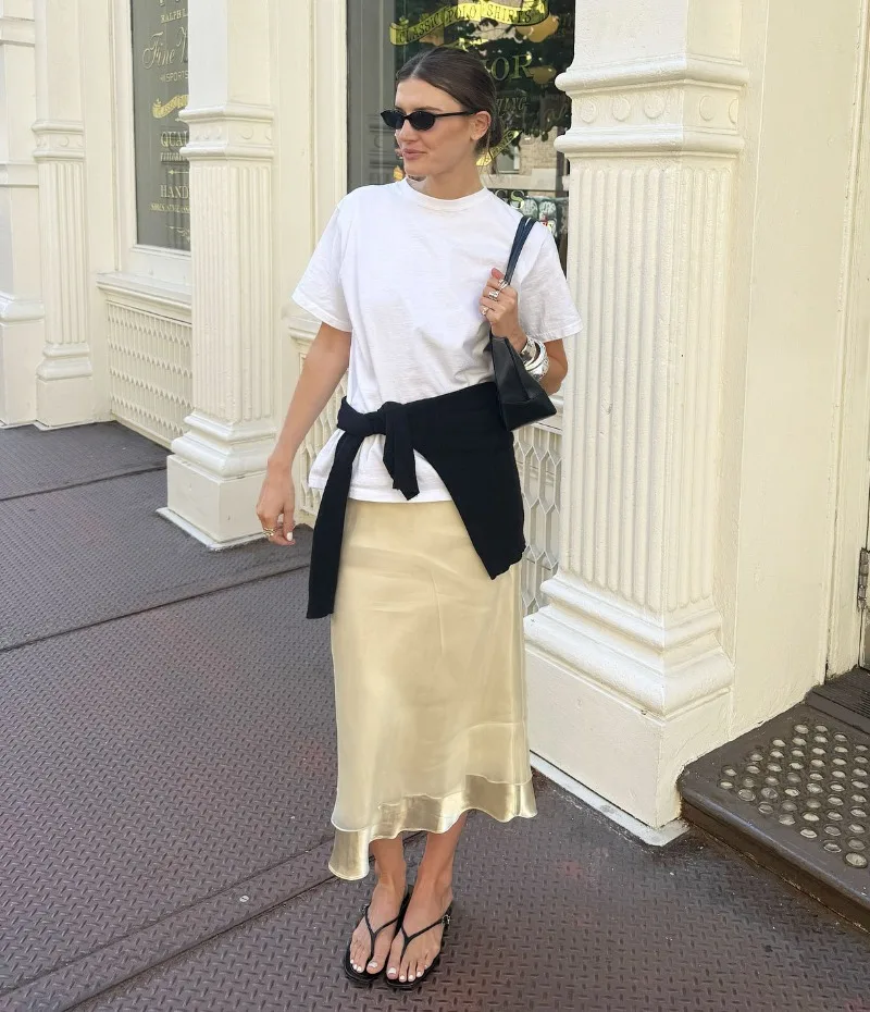 Trendix Gold Satin Midi Skirt For Women Street High Waist Patchwork Mesh Long Skirt Femme 2025 Winter Party Club Sexy Slim Skirt