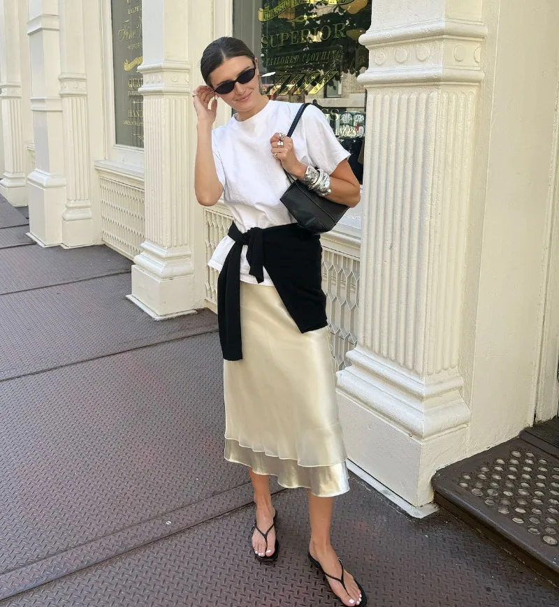 Trendix Gold Satin Midi Skirt For Women Street High Waist Patchwork Mesh Long Skirt Femme 2025 Winter Party Club Sexy Slim Skirt