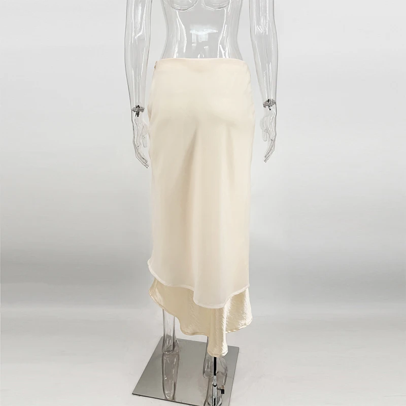 Trendix Gold Satin Midi Skirt For Women Street High Waist Patchwork Mesh Long Skirt Femme 2025 Winter Party Club Sexy Slim Skirt