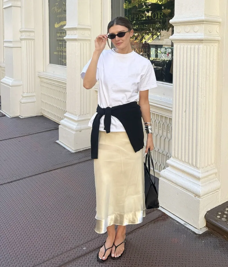Trendix Gold Satin Midi Skirt For Women Street High Waist Patchwork Mesh Long Skirt Femme 2025 Winter Party Club Sexy Slim Skirt