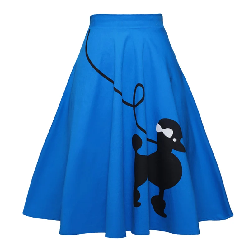 Tonval Pinup 50s Dog Print Kawaii Vintage High Waist Skirts for Women Cotton A Line Knee Length Retro Swing Skirt