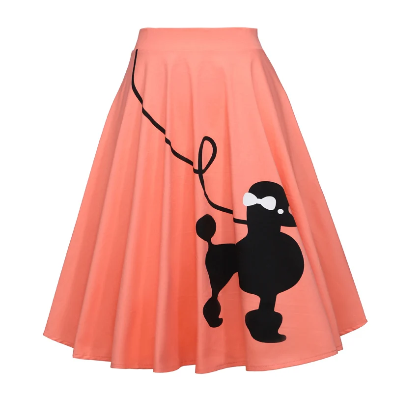 Tonval Pinup 50s Dog Print Kawaii Vintage High Waist Skirts for Women Cotton A Line Knee Length Retro Swing Skirt