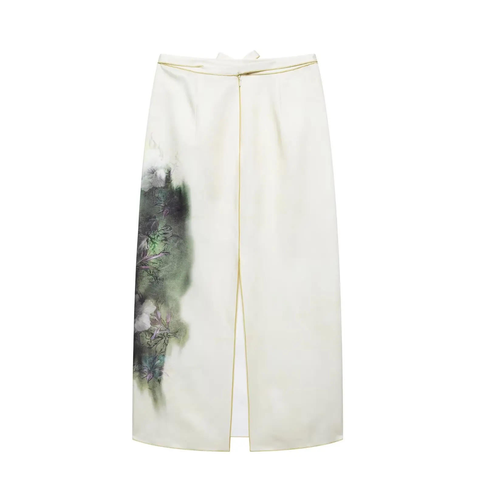 HH Women New Fashion Versatile Zipper Printed Midi Skirt Summer Female Temperament High-Waist Slim Split Hem Lace-up Skirt