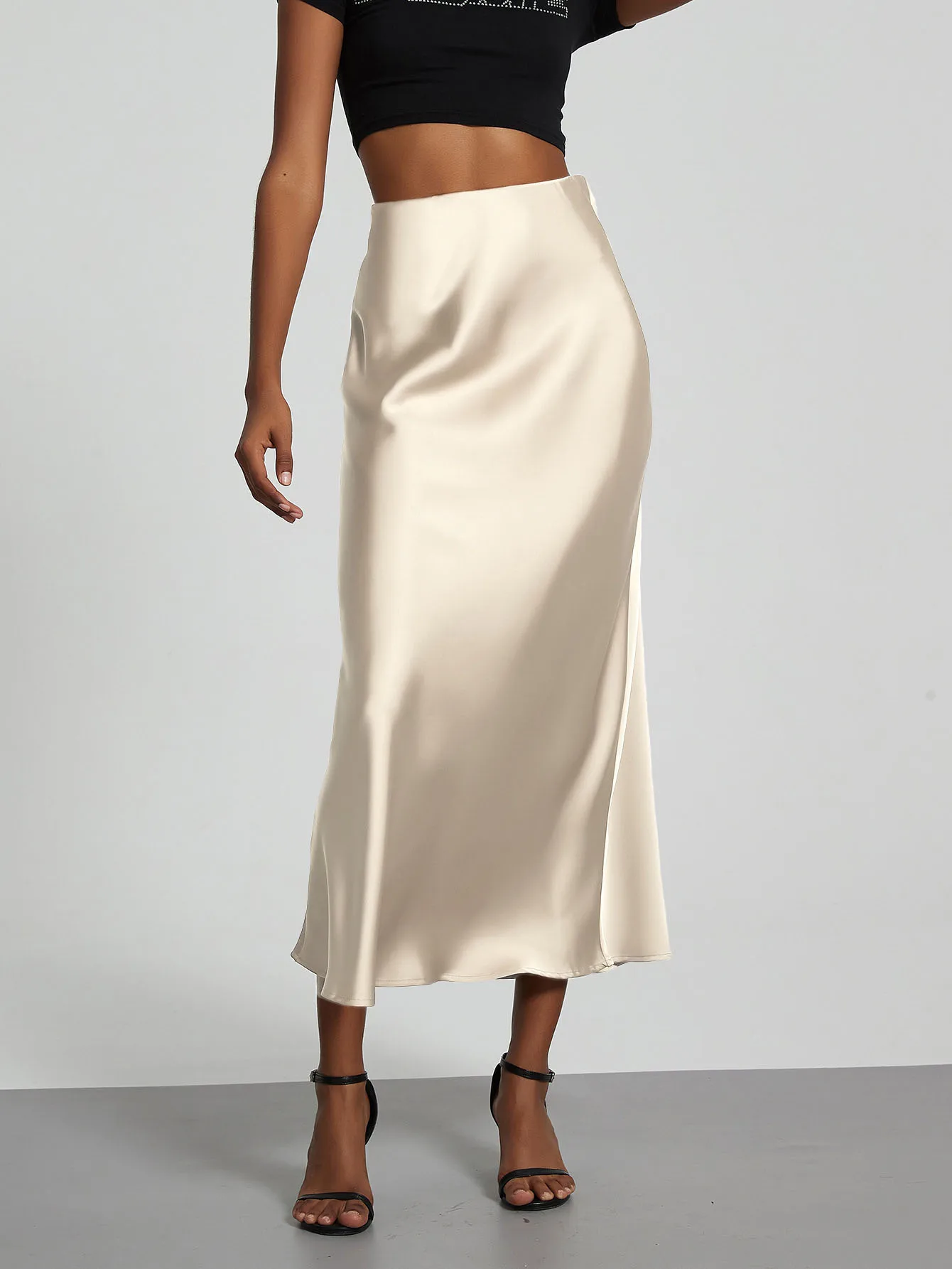 Minimalist Satin Midi Skirt High Waist Bias Cut Flowy Hem Top for Office & Casual Streetwear