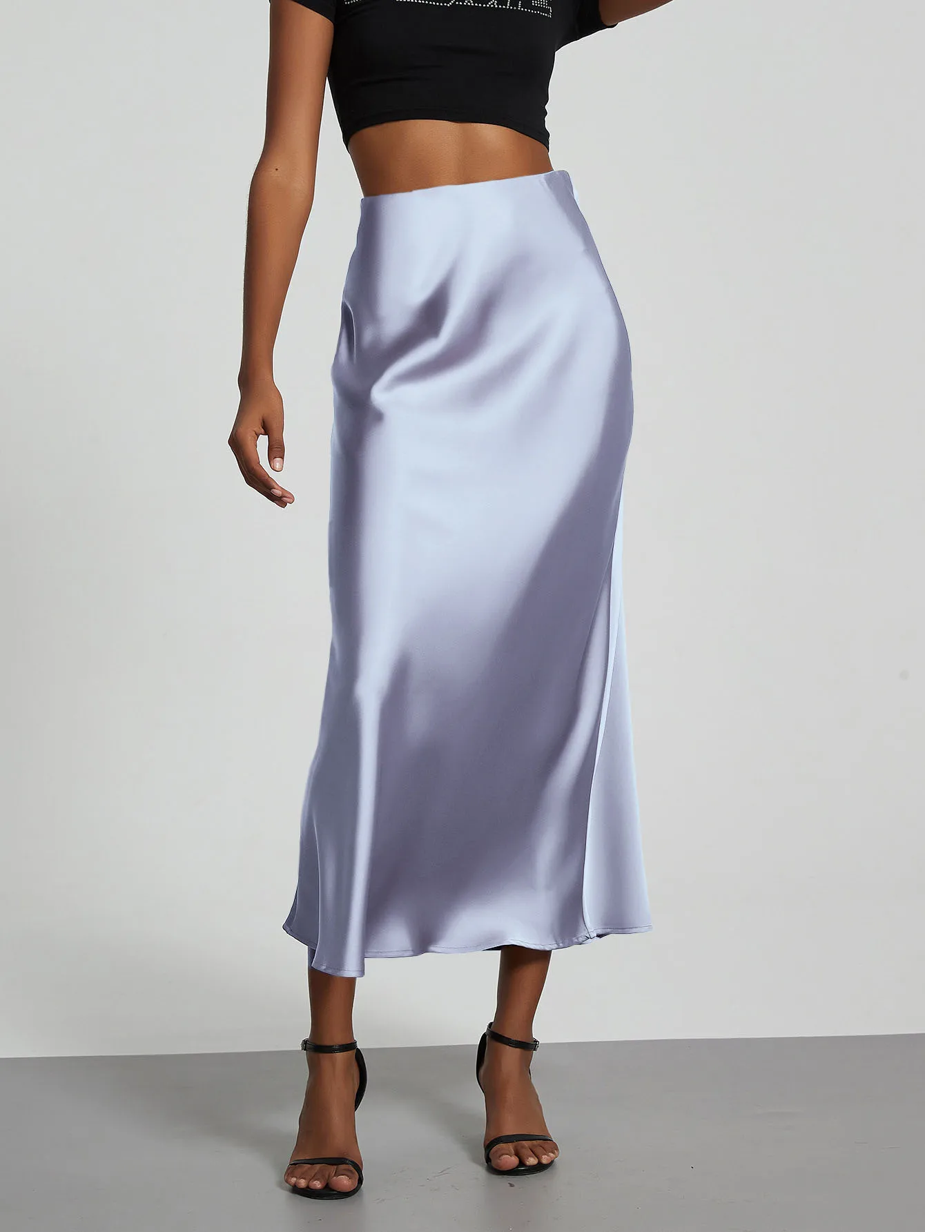 Minimalist Satin Midi Skirt High Waist Bias Cut Flowy Hem Top for Office & Casual Streetwear
