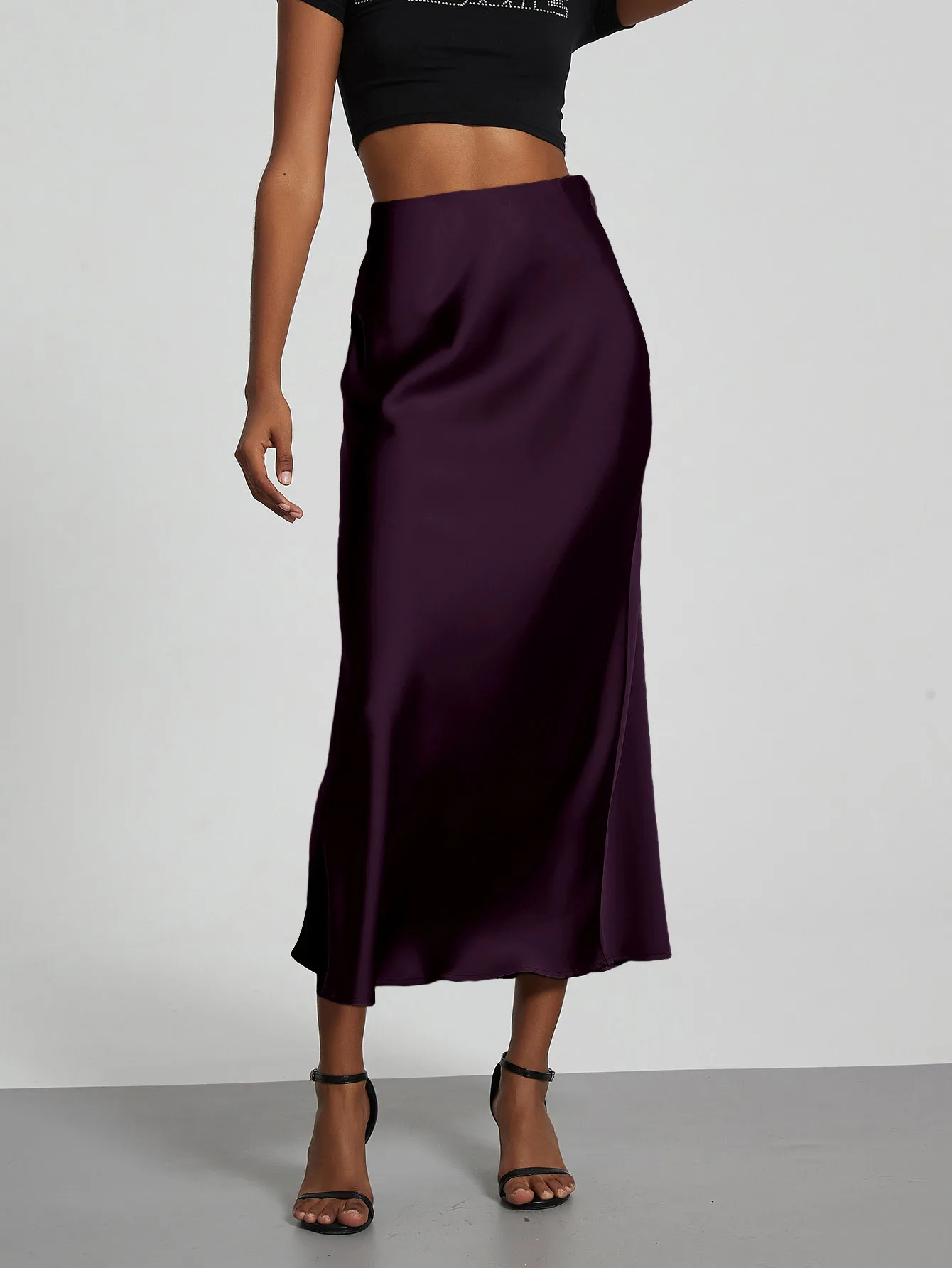 Minimalist Satin Midi Skirt High Waist Bias Cut Flowy Hem Top for Office & Casual Streetwear