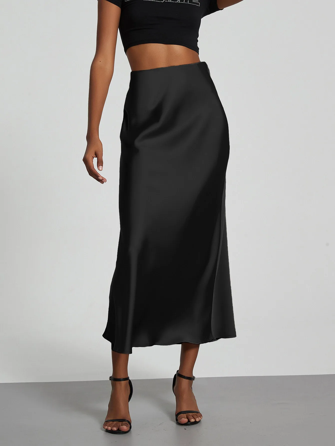 Minimalist Satin Midi Skirt High Waist Bias Cut Flowy Hem Top for Office & Casual Streetwear