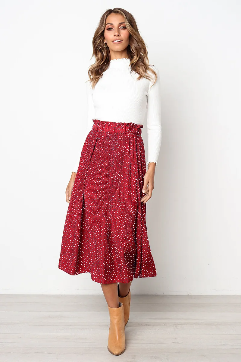White Dots Floral Print Pleated Midi Skirt Women Elastic High Waist Side Pockets Skirts Summer 2019 Elegant Female Bottom