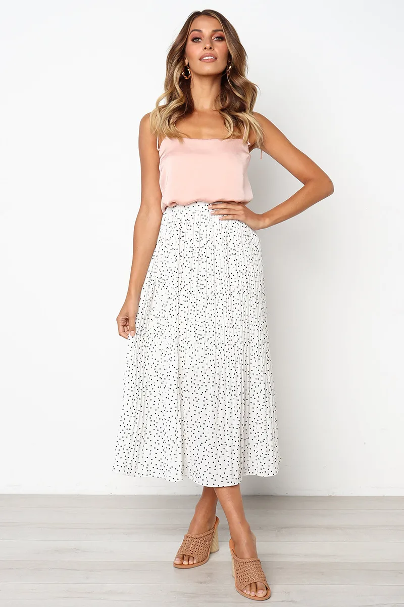 White Dots Floral Print Pleated Midi Skirt Women Elastic High Waist Side Pockets Skirts Summer 2019 Elegant Female Bottom