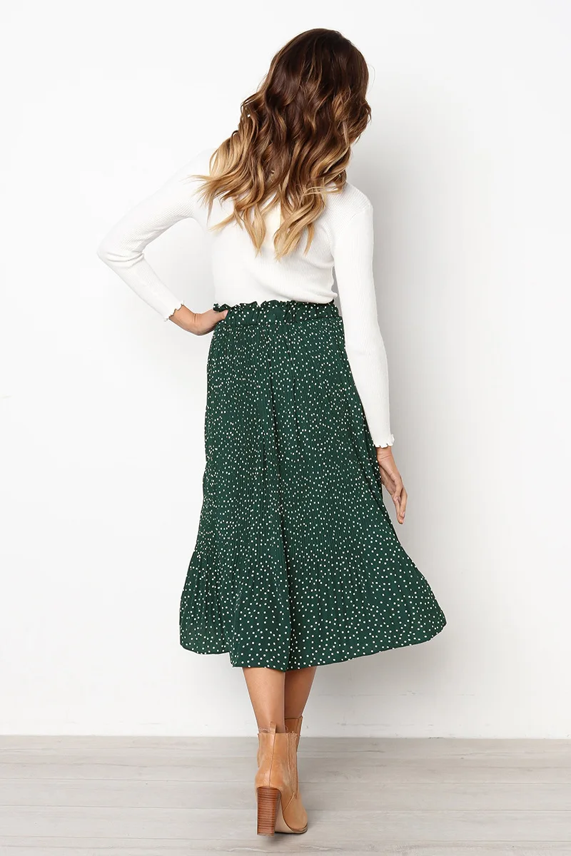 White Dots Floral Print Pleated Midi Skirt Women Elastic High Waist Side Pockets Skirts Summer 2019 Elegant Female Bottom