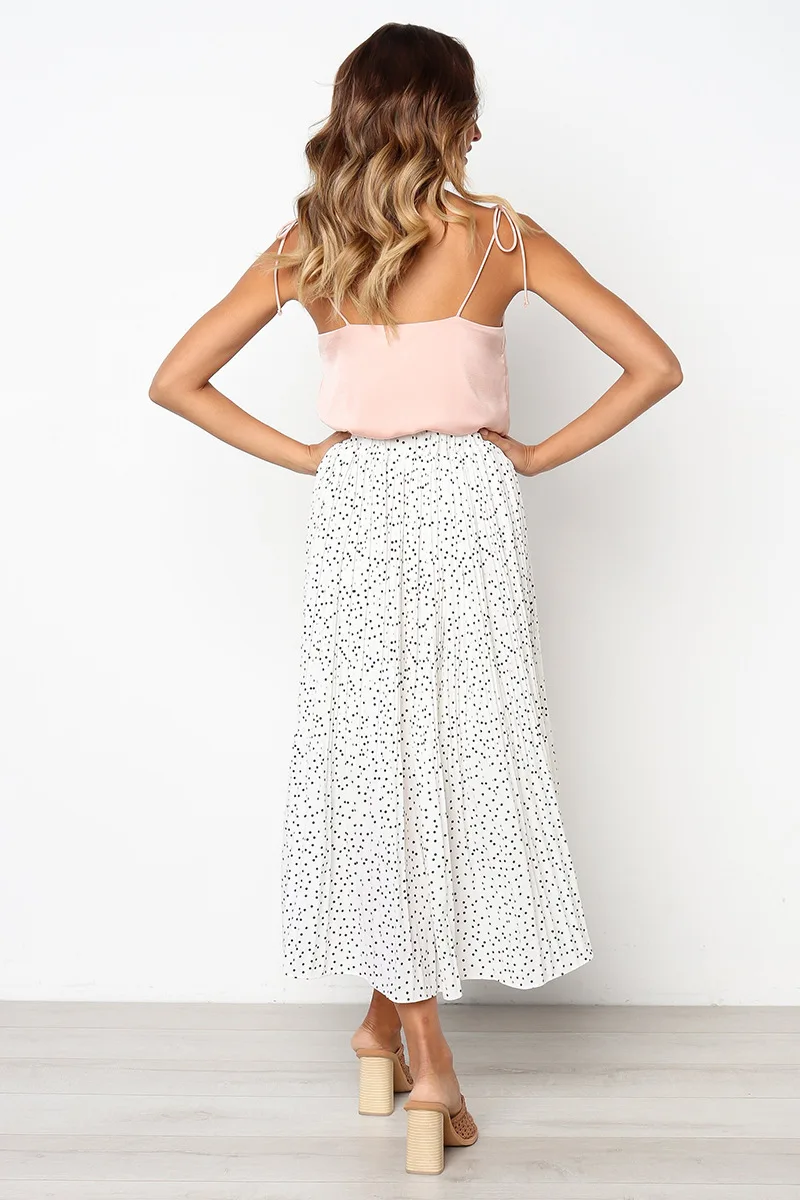 White Dots Floral Print Pleated Midi Skirt Women Elastic High Waist Side Pockets Skirts Summer 2019 Elegant Female Bottom