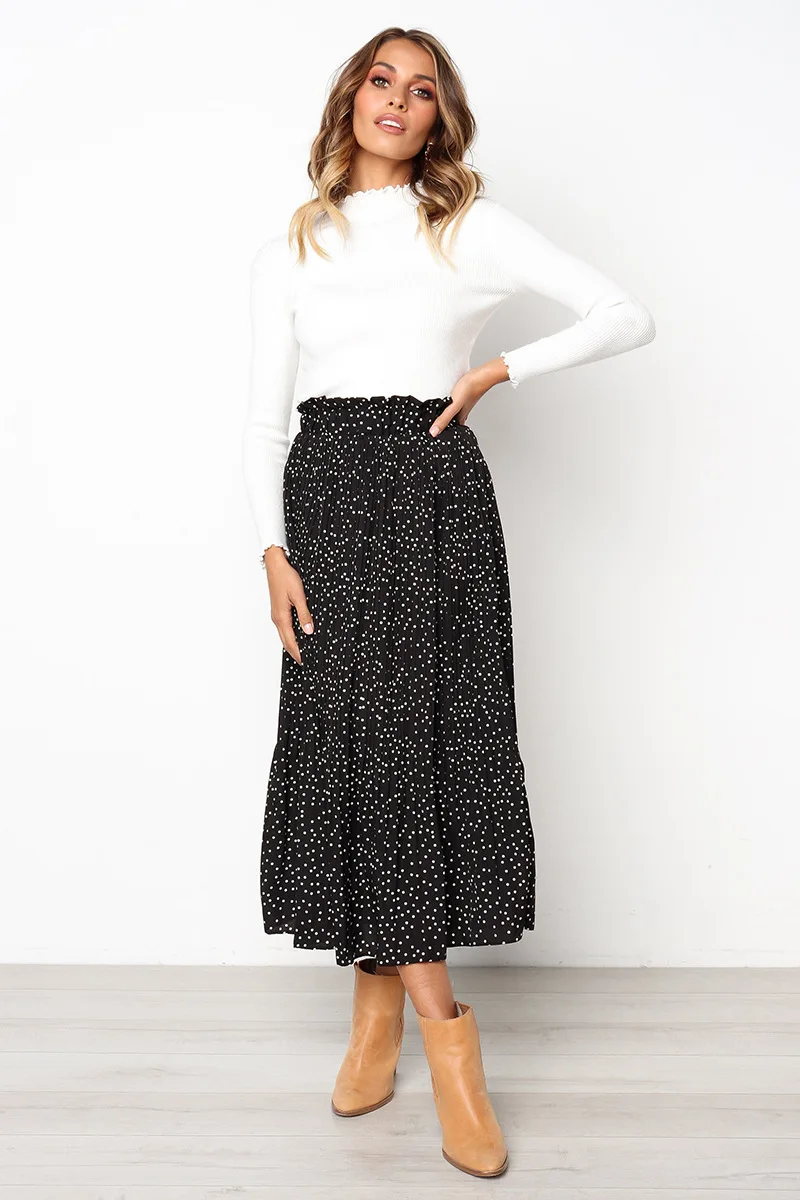 White Dots Floral Print Pleated Midi Skirt Women Elastic High Waist Side Pockets Skirts Summer 2019 Elegant Female Bottom