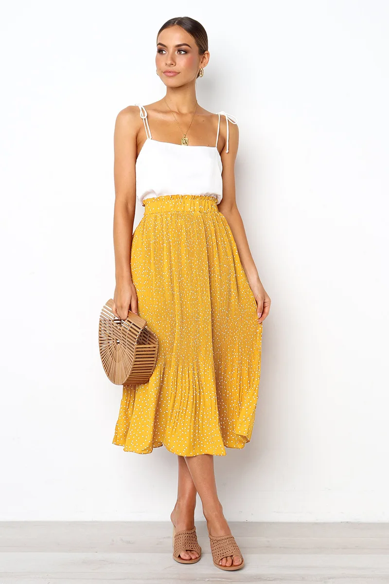 White Dots Floral Print Pleated Midi Skirt Women Elastic High Waist Side Pockets Skirts Summer 2019 Elegant Female Bottom