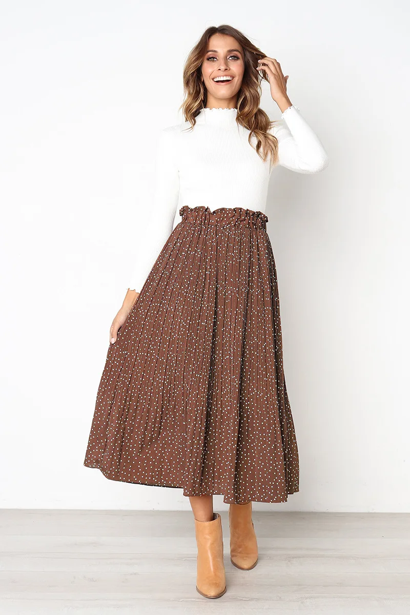 White Dots Floral Print Pleated Midi Skirt Women Elastic High Waist Side Pockets Skirts Summer 2019 Elegant Female Bottom