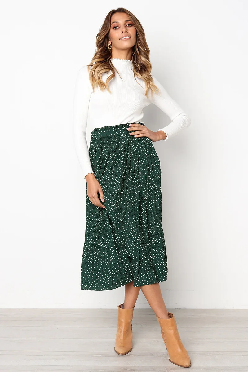 White Dots Floral Print Pleated Midi Skirt Women Elastic High Waist Side Pockets Skirts Summer 2019 Elegant Female Bottom
