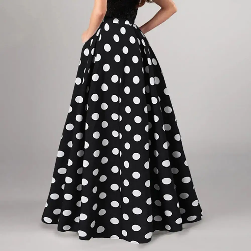 Dot Print Retro A-line Big Hem Skirt Women Maxi Skirt High Waist Side Pockets Loose Full Length Lady Prom Party Long Skirt