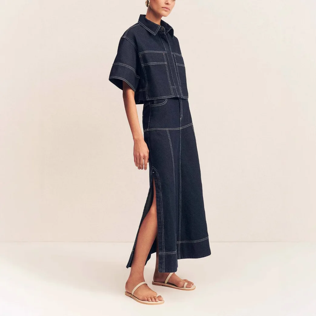 2025 foreign trade women's clothing casual pocket short-sleeved shirt split skirt denim two-piece set 5-031101