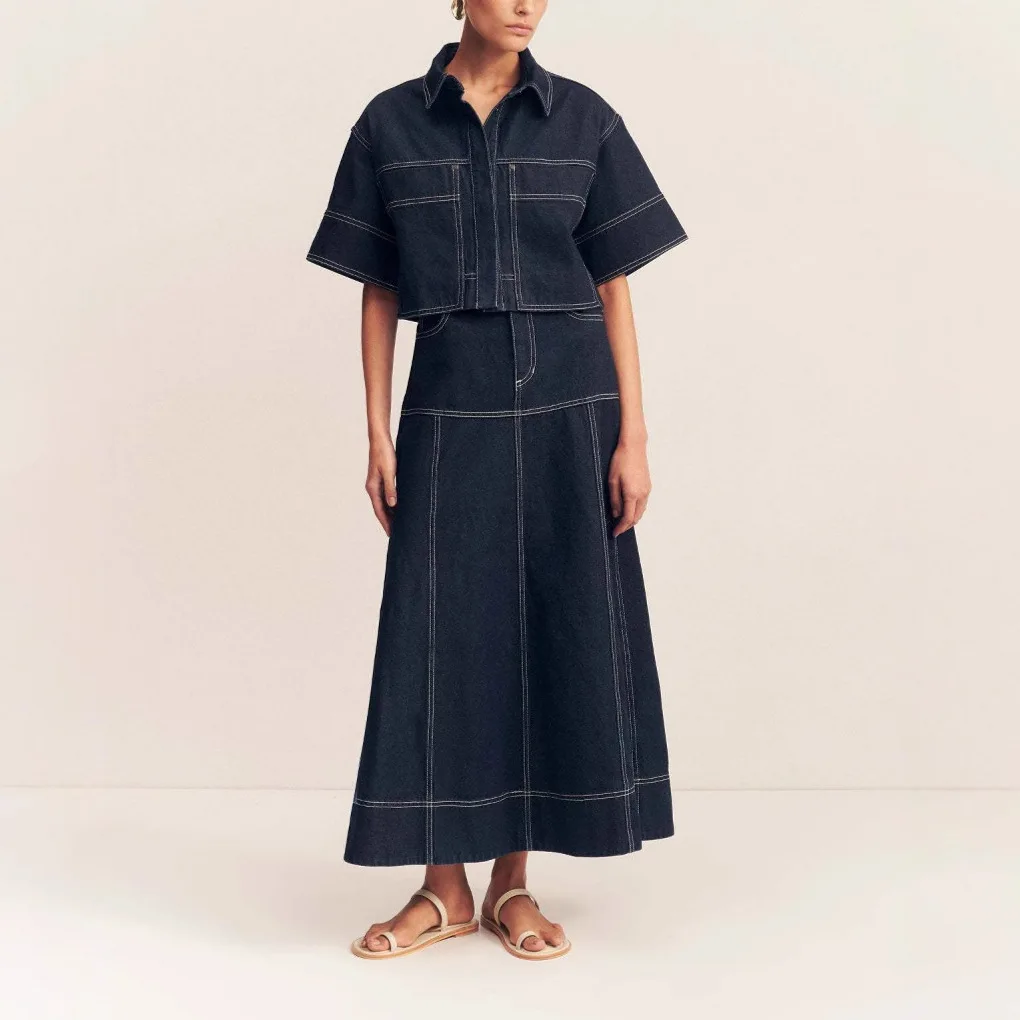 2025 foreign trade women's clothing casual pocket short-sleeved shirt split skirt denim two-piece set 5-031101