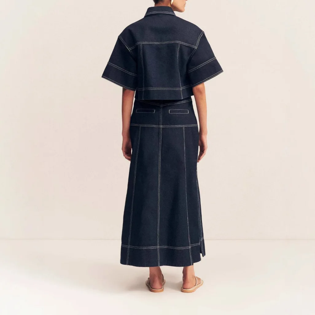 2025 foreign trade women's clothing casual pocket short-sleeved shirt split skirt denim two-piece set 5-031101