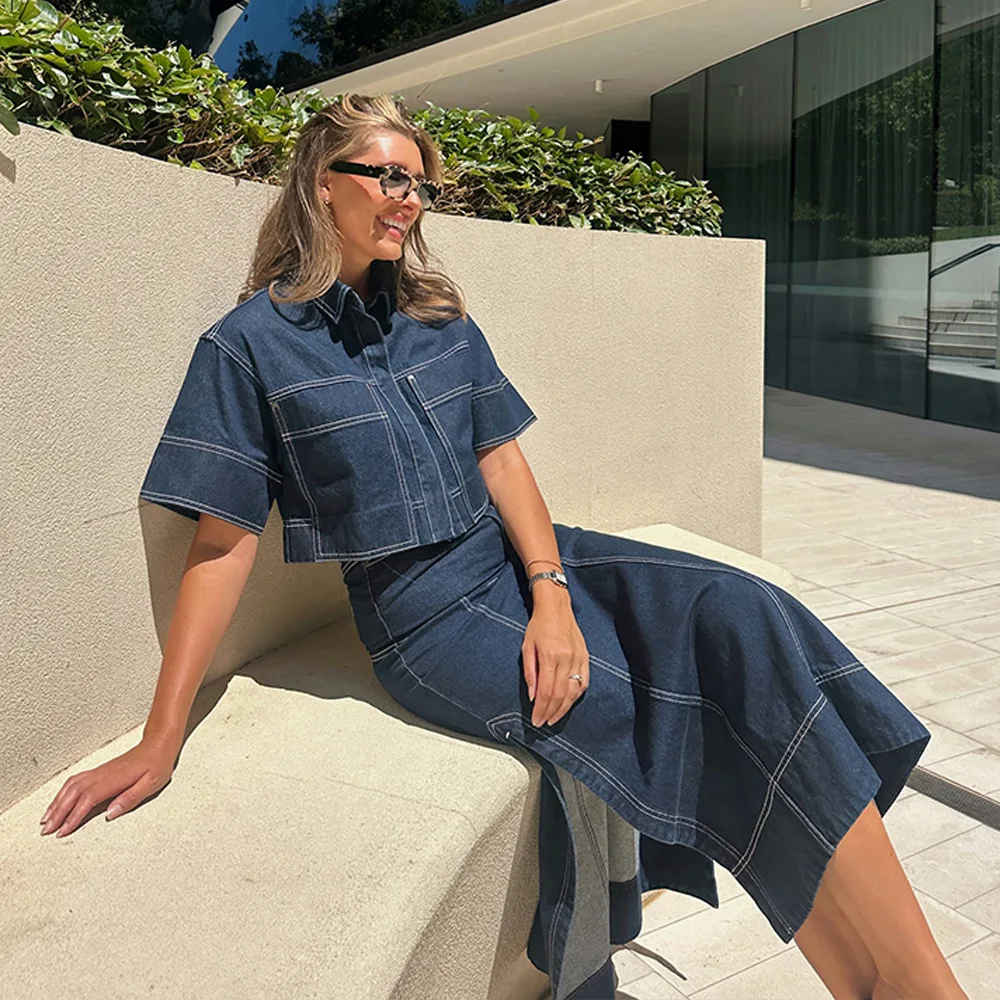 2025 foreign trade women's clothing casual pocket short-sleeved shirt split skirt denim two-piece set 5-031101
