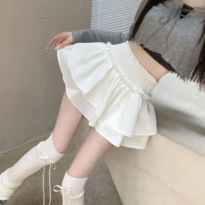 White Preppy Style Skirt Elastic High Waist Folds Design Women Fluffy Cake Skirt Built in Shorts Hottie Ballet Style Mini Skirts